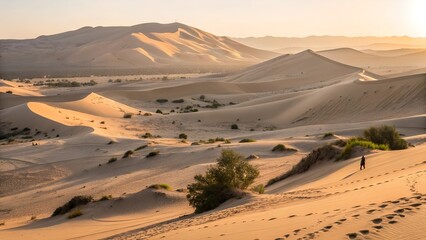 expansive desert dunes under golden sunlight show