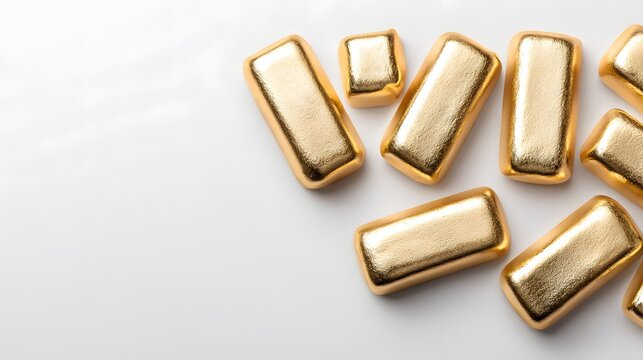 Gold bars arranged on a white surface.