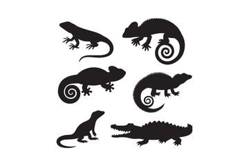 Collection of black silhouette reptiles including lizards and chameleons