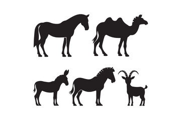 Collection of farm and desert animal silhouettes on a white background