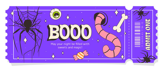 Ticket to Halloween. Festive and spooky ticket for the Halloween celebration with cobwebs, candies, a bone, a worm, spiders, and an eye. Modern ticket design for the holiday. One ticket. Boo