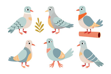 Charming Pigeon Collection: A delightful illustration showcases a set of six unique pigeons. Each is rendered in soft, inviting colors, with their own distinct patterns and expressions.