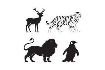 Collection of animal silhouettes including deer tiger lion and penguin