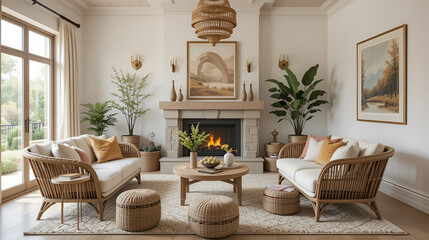 A stylish living room featuring cozy furniture, chic decor, and a neutral color palette, Create a warm and inviting atmosphere with woven furniture and elements.