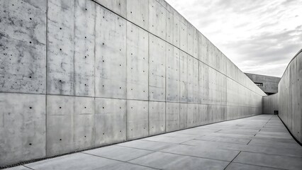 A stark, minimalist passageway defined by a long, high concrete wall in a monochrome, modern architectural design.
