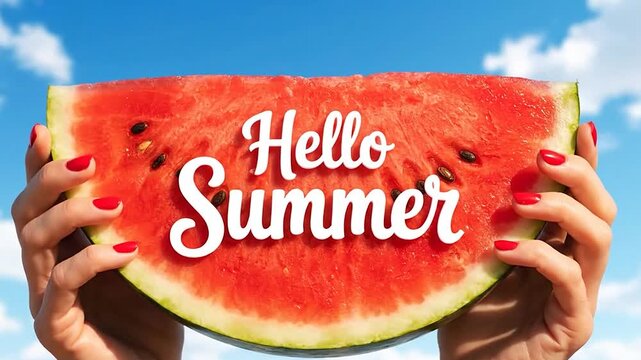 A large watermelon slice held against a sky with Hello Summer in white script