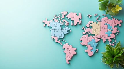 Puzzle world map with floating connections, unity metaphor for modern design and technology projects.