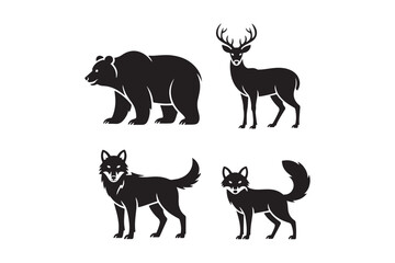Four silhouettes of north american wildlife including bear deer wolf and fox