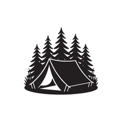 Camping Tent Silhouette in a Forest Scene.Simple black and white silhouette of a camping tent nestled amongst a group of pine trees.
