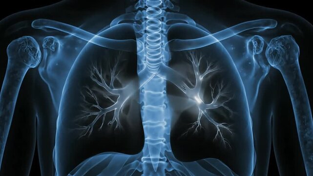 X-ray image showing the human chest, lungs, spine, and rib cage in a blue-toned medical visualization.