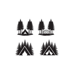 Four Camping Silhouette Designs in a Forest.This image features four distinct black and white silhouette designs of camping scenes.