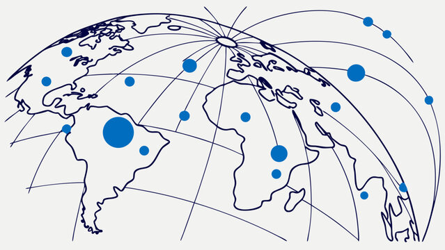 Vector  world map outline with blue dots and connecting lines representing global network connections design