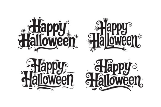Four variations of happy halloween text in a decorative font