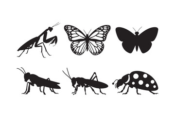 Collection of six black insect silhouettes including butterflies grasshoppers praying mantis and ladybug