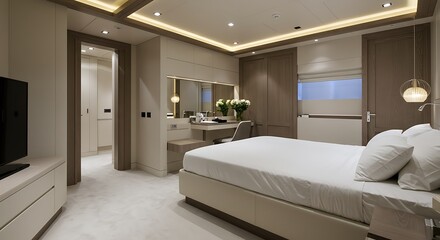 Luxurious Bedroom Interior with Modern Design, Soft Lighting and Elegant Decor