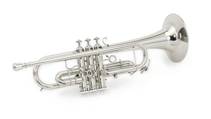 Obraz premium Shiny silver trumpet musical instrument isolated on white background studio shot