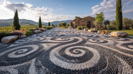 Ornate stone paving design in a vineyard setting.