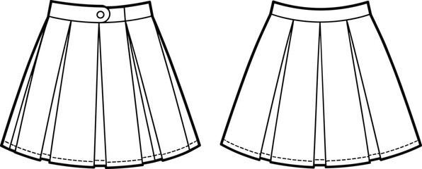 Pleated mini skirt with wrap belt and classic pleated mini skirt CAD drawing flat vector illustration, trendy women's  summer apparel template, modern skirt illustration