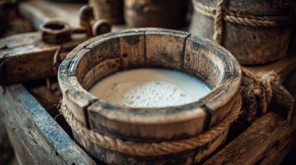 Wooden milk bucket rim with fresh white milk. Traditional farming tools nearby