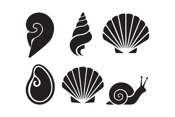 Collection of six black silhouette seashells and snail illustration