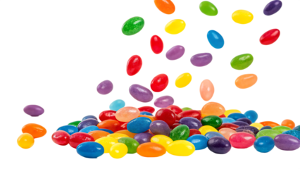 Colorful falling jellybeans rainbow candy isolated on white background PNG. AI GENERATED.