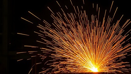 Dramatic orange sparks fly against a dark industrial background, capturing the energy of metalworking.