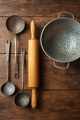kitchen utensils on a wooden background