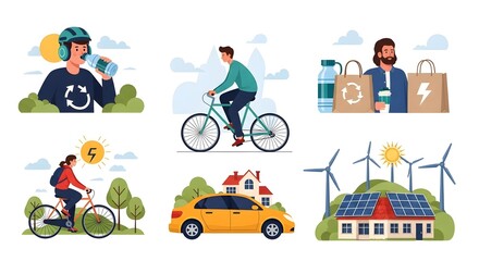 Naklejka premium Vector illustration set promoting sustainability: people biking, using reusable items, solar panels, wind turbines, and eco-friendly homes. The design highlights green living and clean energy choices