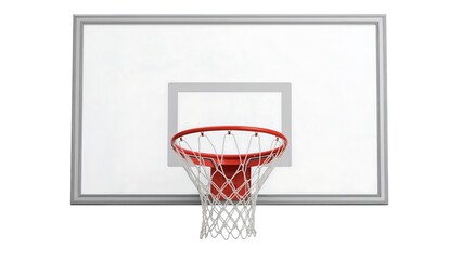 A clean white basketball backboard with a red rim and net against a white background