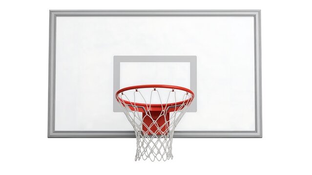 A clean white basketball backboard with a red rim and net against a white background