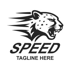 Aggressive Cheetah Head Logo with Speed Text and Motion Lines for Sports Branding