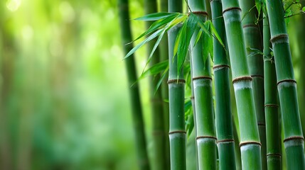 Obraz premium Lush green bamboo stalks with vibrant foliage.