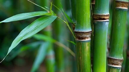 Obraz premium Close-up view of vibrant green bamboo stalks and leaves.