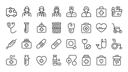 Medical Icons: A crisp line art illustration depicting a comprehensive set of healthcare symbols, including medical staff, equipment, and emergency services.