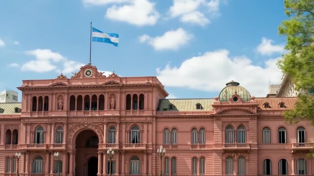 Persons legacy at casa rosada in Argentina under flag and blue sky. Suitable for editorial use in articles about historical landmarks.