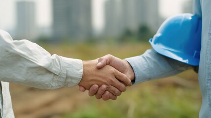 Construction Workers Shaking Hands on Building Site with Safety Gear