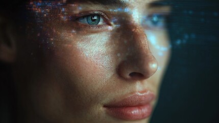 Close-Up Portrait of Woman with Digital Overlay and Blue Eyes