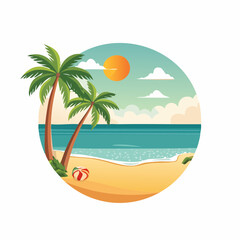 Tropical paradise illustration showcasing a serene beach with palm trees and clear water