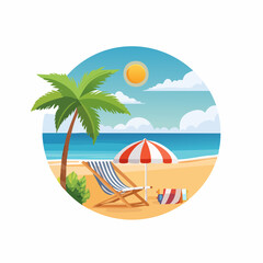 Fototapeta premium Serene Tropical Beach Scene with Palm Tree, Sun, Ocean, and Deckchair for Relaxation
