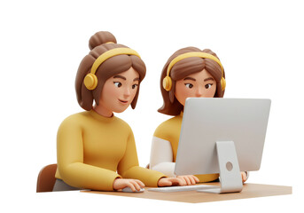 Two Cartoon Women Working on Computer in Yellow Sweaters on Transparent Background