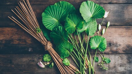 Lush green leaves and dried stalks on a rustic wooden surface.