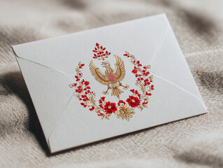 elegant greeting card mockup with Garuda Pancasila gold emblem and red floral ornaments in a white envelope