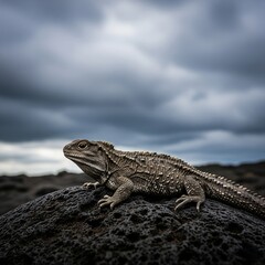 Obraz premium Tuatara Resting on Volcanic Rock