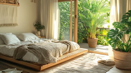 A tranquil bedroom with a wooden platform bed, a soft woven throw, a large potted palm in the corner, and a sliding door that opens onto a private balcony surrounded by greenery.