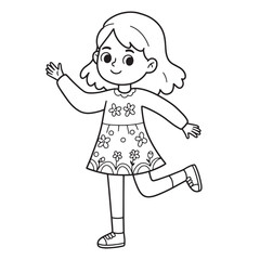 Obraz premium Cheerful little girl in a floral dress waving happily isolated on white background