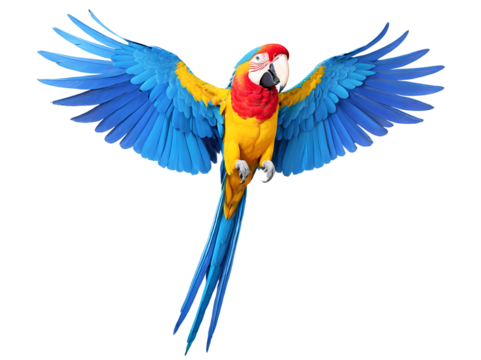 3d illustration of a blue and yellow macaw parrot flying isolated on transparent background