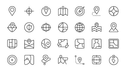 Fototapeta premium Navigation Icons: A minimalist line art illustration depicts a collection of location, map, and target icons for navigation apps and websites.