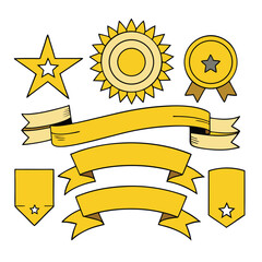 Collection of Yellow Hand Drawn Banners Ribbons and Awards for Design Elements and Decorations on a White Background