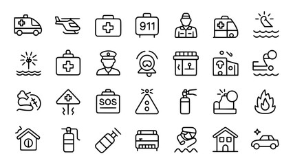 Emergency Icons: A minimalist line art illustration depicting a comprehensive set of emergency service and safety symbols.