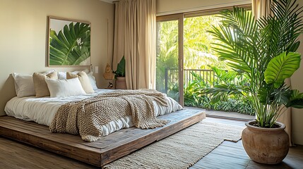 A tranquil bedroom with a wooden platform bed, a soft woven throw, a large potted palm in the corner, and a sliding door that opens onto a private balcony surrounded by greenery.